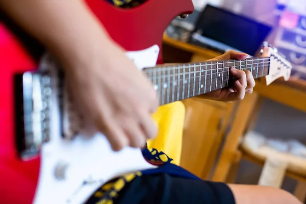 Selective Focus Finger Playing Electric Guitar Studio Room — стоковое фото