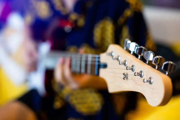 Selective Focus Headstock Peghead Electric Guitar Blurry Musician Studio Room — стоковое фото