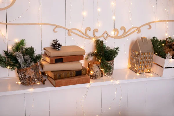 White Shelf Candlestick Shape House Fir Branches New Year Decor — Stock Photo, Image