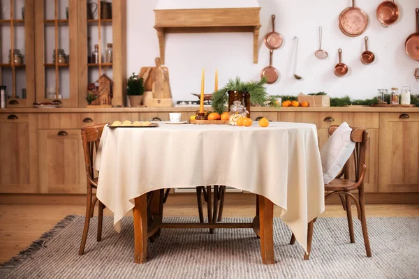 Cucina Scandinava Design Interni Con Tavolo Rotondo Sedie Elegante Sala — Foto Stock