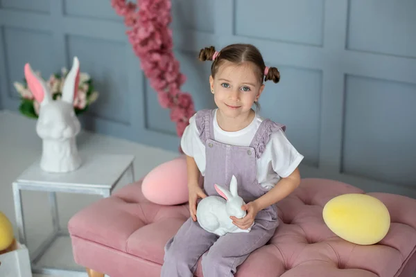 Young Girl Hairstyle Buns Holding Toy Rabbit His Hands Closeup — Stock Photo, Image