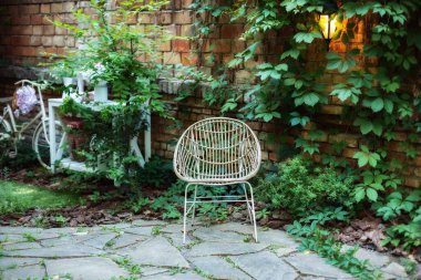 Bahçede, arkadaki tuğladan duvarda kıvırcık üzümlü hasır sandalye. Samimi bahçe köşesi. Ahşap koltuk arka bahçede duruyor, yeşillik ve kopyalama alanı var. İç sonbahar verandası