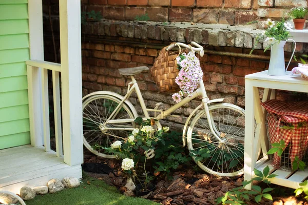 Patio Casa Con Plantas Jardín Bicicleta Bicicleta Vintage Blanca Contra — Foto de Stock