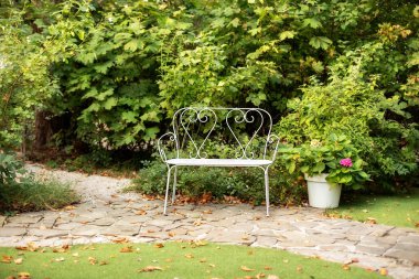 Classical decorative wrought iron garden bench. Cozy garden corner. Interior Patio of house with green plants in pots. White bench in summer garden for relax. Hydrangea flowers in pot on backyard. 