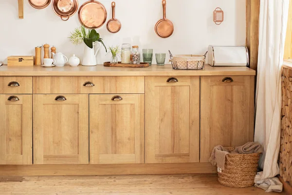 Wooden Cuisine Cabinet Clean Dishes Scandinavian Style Kitchen Interior Organization —  Fotos de Stock