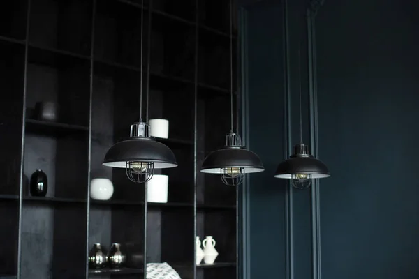 Three Modern Black Ceiling Lamps Hang Room Close Loft Room — Stock Photo, Image
