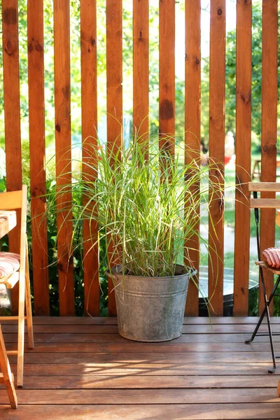 Terraza Exterior De Casa Con Sillón Acapulco Negro Y Macetas. Acogedor  Espacio En Patio O Balcón Con Guirnalda. Interior Terraza De Madera Con  Muebles De Jardín. Salón Moderno Al Aire Libre En