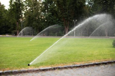 On green lawn, in a park or garden, a sprinkler is working. Automatic sprinkler irrigation system or device for watering of lawn. Grass irrigation. Garden Irrigation sprinkler watering lawn. Spraying 