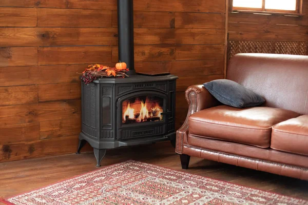 Classic black cast iron fire place with wood burning inside of it. Fragment of the interior of a country house. The iron furnace is heated. Wood burning stove, traditional heating system.