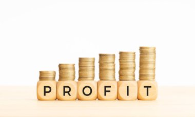 Kâr büyütme konsepti. Tahta bloklar, yazı ve yükselen bozuk paralar. Boşluğu kopyala