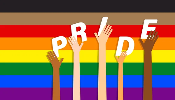 Multicolor Raised Hands Holding Together Pride Word New Pride Flag — Vetor de Stock