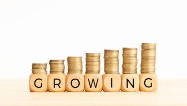 Büyüyen konsept. Tahta bloklar, yazı ve yükselen bozuk paralar. Boşluğu kopyala