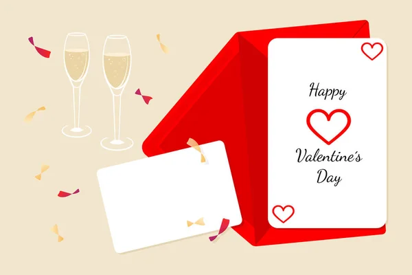封筒付きのバレンタインデーカード組成物 空白のカードとシャペーンの2つのガラス — ストックベクタ