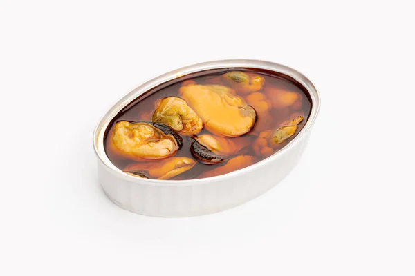 Lata Abierta Mejillones Aislados Sobre Fondo Blanco Conservación Los Alimentos — Foto de Stock