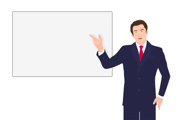 Businessman Making Delightful Presentation Blank Whiteboard Mock Template Flat Vector — Διανυσματικό Αρχείο