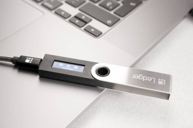 Galiçya, İspanya; 18 Ocak 2022: Dizüstü bilgisayarda Ledger Nano S şifreleme para birimi cüzdanı