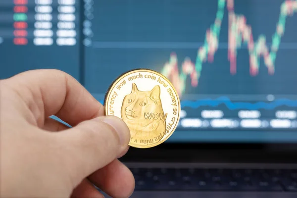 Hand Holding Dogecoin Coin Chart Laptop Display Background Cryptocurrency Trading — Stock Photo, Image
