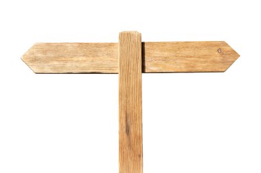 İki tarafı da beyaz arka planda izole edilmiş eski ahşap tabela. Şablon maketi