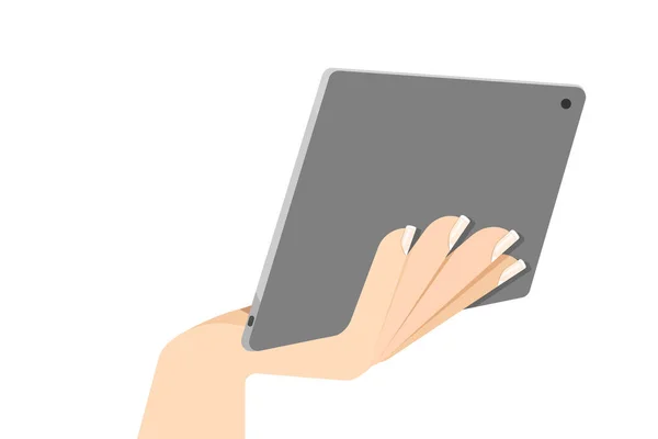 Frau Der Hand Hält Eine Tablette Auf Weißem Hintergrund Vektorillustration — Stockvektor