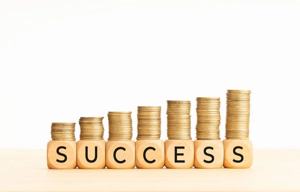 Success Concept Wooden Blocks Text Rising Stacked Coins Copy Space — Stock Photo, Image