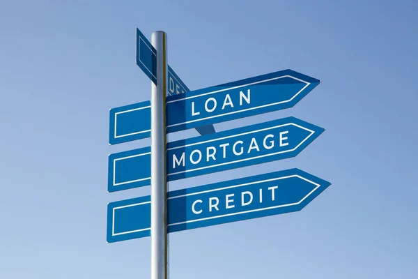 Loan Mortgage Credit Words Signpost Isolated Sky Background — Stock Photo, Image