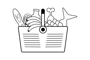 Bir sepet dolusu yemek ikonu. Market alışverişi. Taslak vektör illüstrasyonu