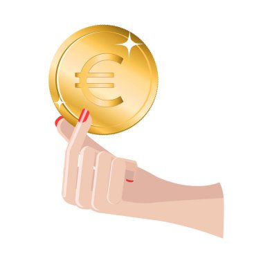 Beyaz arka planda izole edilmiş Euro bozuk para tutan güzel bir kadın. Vektör illüstrasyonu