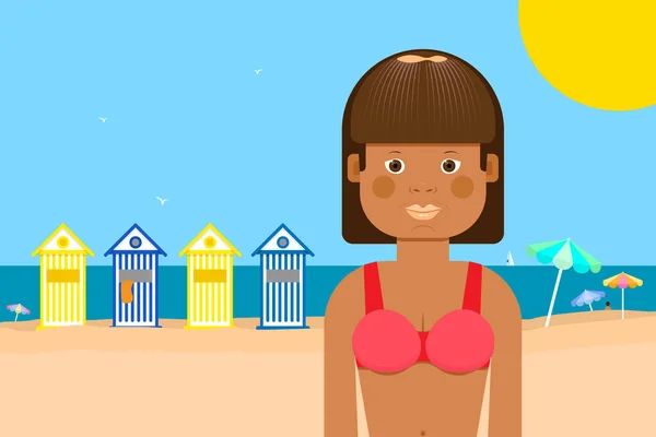 夏天海滩上的一个漂亮的晒黑的小女孩 卡通矢量图解 — 图库矢量图片