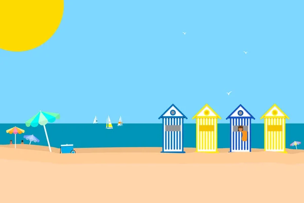 Beautiful Summer Beach Scene Beach Huts Umbrellas Yachts Sea Copy — Stock Vector
