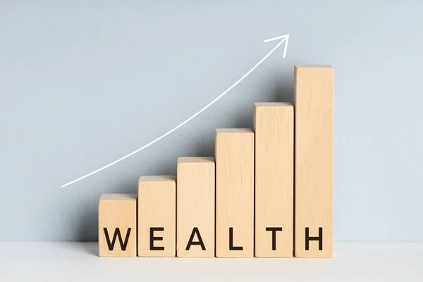 Gazdagság Koncepció Blokk Diagram Grafikon Grafikon Szöveges Felfelé Trend Vonal — Stock Fotó