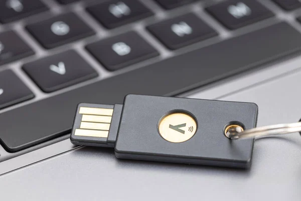 Galiçya, İspanya; 1 Nisan 2022: Yubikey donanım anahtarı dizüstü bilgisayarda. Yubikey, Yubico tarafından üretilen bir donanım kimlik doğrulama cihazıdır.