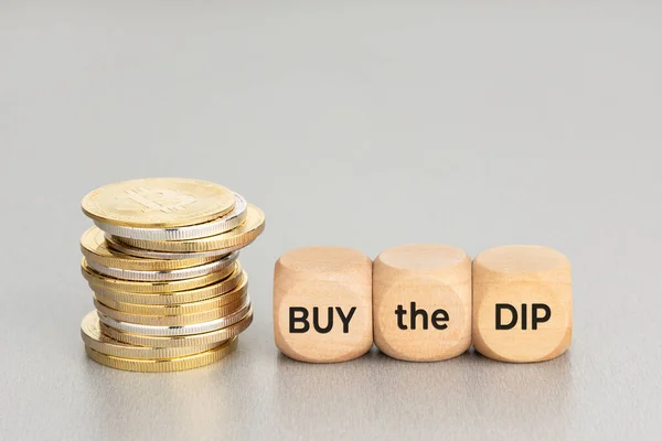 Buy Dip Concept Stacked Crypto Coins Wooden Blocks Text Cryptocurrency — Stock Photo, Image