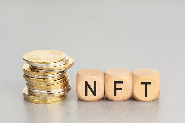 Nft Concept Stacked Crypto Coins Wooden Blocks Text Copy Space — Stock Photo, Image