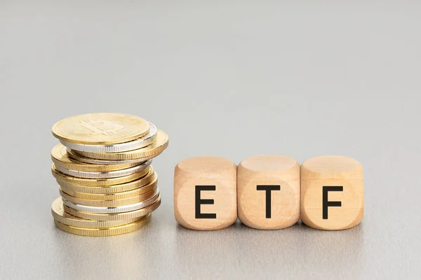 Cryptocurrency Etf Concept Stacked Crypto Coins Wooden Blocks Text Copy — Stock Photo, Image