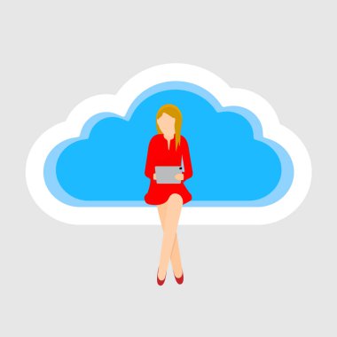 Uzaktan iletişim küresel bulut erişimi. Tabletli iş kadını bulutların üzerinde oturuyor. Düz Vektör illüstrasyonu