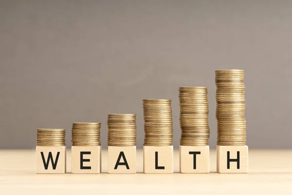 Wealth Word Wooden Blocks Coins Stacked Increasing Stacks Wealth Increasing — Stock Photo, Image