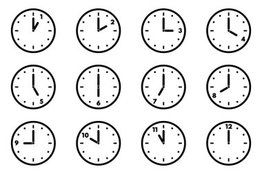 Her saat için analog saat simgesi seti. 12 saat. Vektör illüstrasyonu