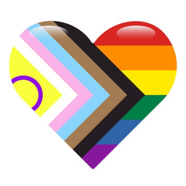 Progress Pride Rainbow Flag on heart shape isolated on white background. Symbol of LGBT community. Vector illustration
