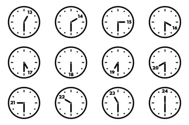 Her bir buçuk saat için analog saat simgesi. 24 saat. Yarım saat sürümü. Vektör illüstrasyonu