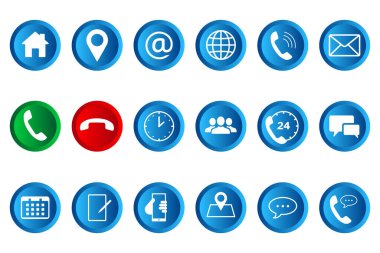 Üç boyutlu yuvarlak iletişim simgeleri seti. Web ve mobil için Web simgesi ile bağlantı kurun. Vektör illüstrasyonu