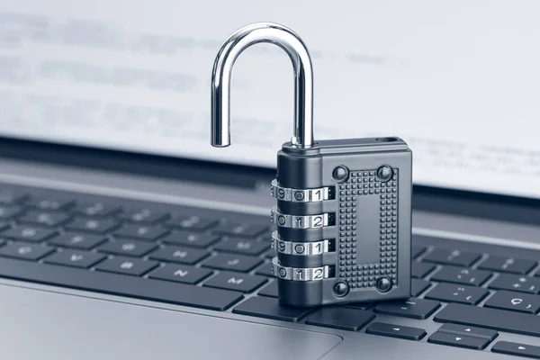 Open padlock on laptop. Unlock security. Computer Vulnerability concept