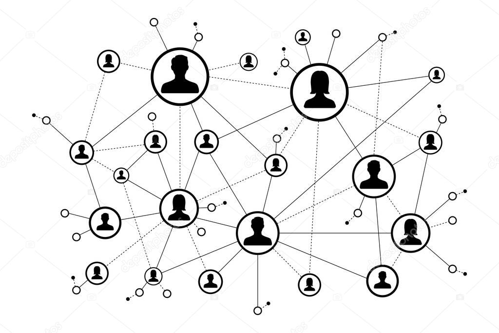 Social network scheme concept. People icons connected to each other. Human connection