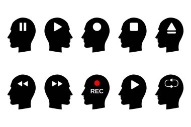 Human head icon set with a variety of symbol. Play, pause, recording, stop, rewind, eject. Flat vector illustration
