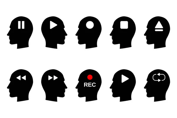 Human Head Icon Set Variety Symbol Play Pause Recording Stop — Stock vektor