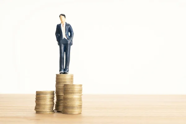 Businessman Figurine Standing Pile Coins Wealth Wage Growth Concept Copy — Stock Photo, Image