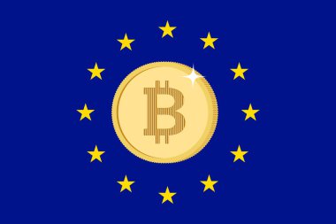 Avrupa Birliği bayrağı ve bitcoin para. Avrupa 'da kripto para birimi vergisi düzenlemesi