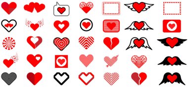 Dekoratif kalp ikonu koleksiyonu. Sembol, sınır, ağ ve uygulama için düğme. Vektör illüstrasyonu