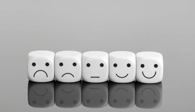 User service feedback, rating customer review, poll, satisfaction survey concept. White blocks with facial expressions. Copy space