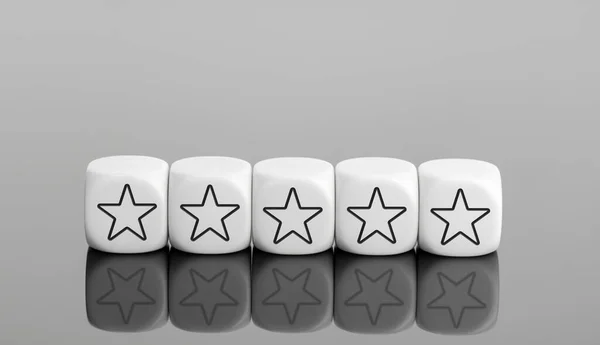 Five stars rating, service feedback, customer review, poll, satisfaction survey concept. White blocks with star icon. Copy space