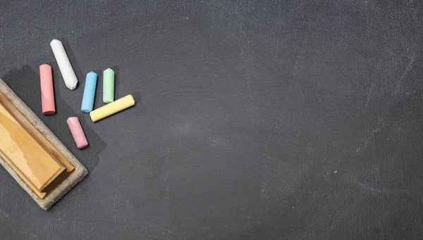 Group Colored Chalk Sticks Eraser Blackboard Copy Space Back School — Foto Stock